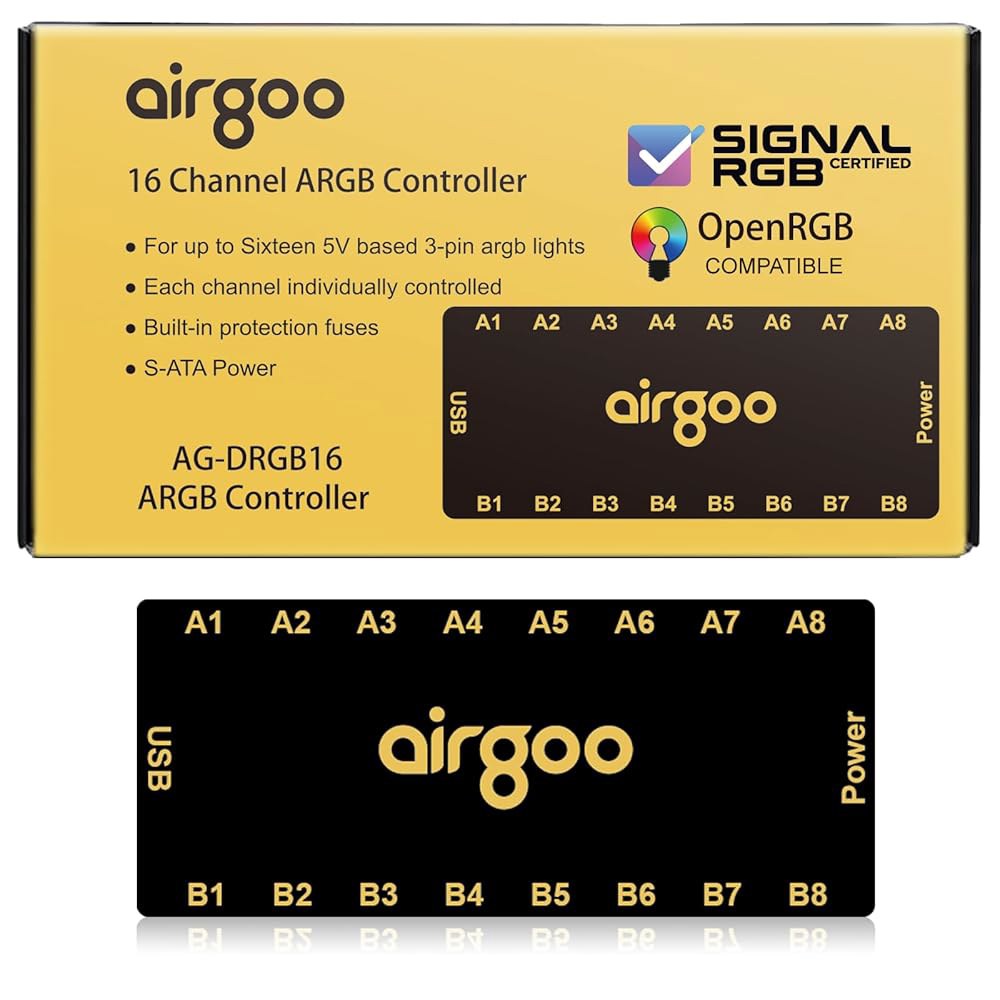 Airgoo 마그네틱 16포트 신호 RGB 컨트롤러, 중간 및 풀 타워 케이스용 SATA 전원 ARGB 컨트롤러 PC 조명 허브, SignalRGB OpenRGB와 호환, AG-D - 상품 이미지