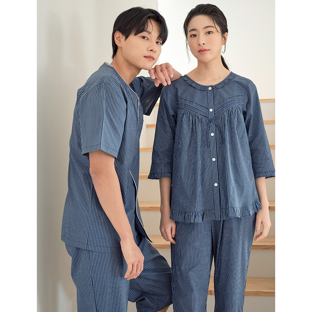 네이비ST 순면 빅사이즈 커플 잠옷 파자마 세트 이미지 4