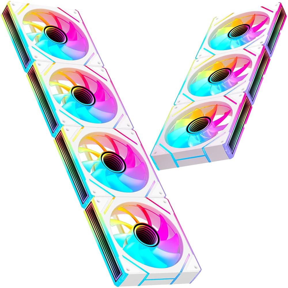 7PCS ARGB 팬 - 전진 4개 + 후진 3개 28 LED, 120mm 4핀 PWM 사일런트 컴퓨터 케이스 쿨러 팬, 최대 1,500RPM PC 냉각, 흰색 - 상품 이미지