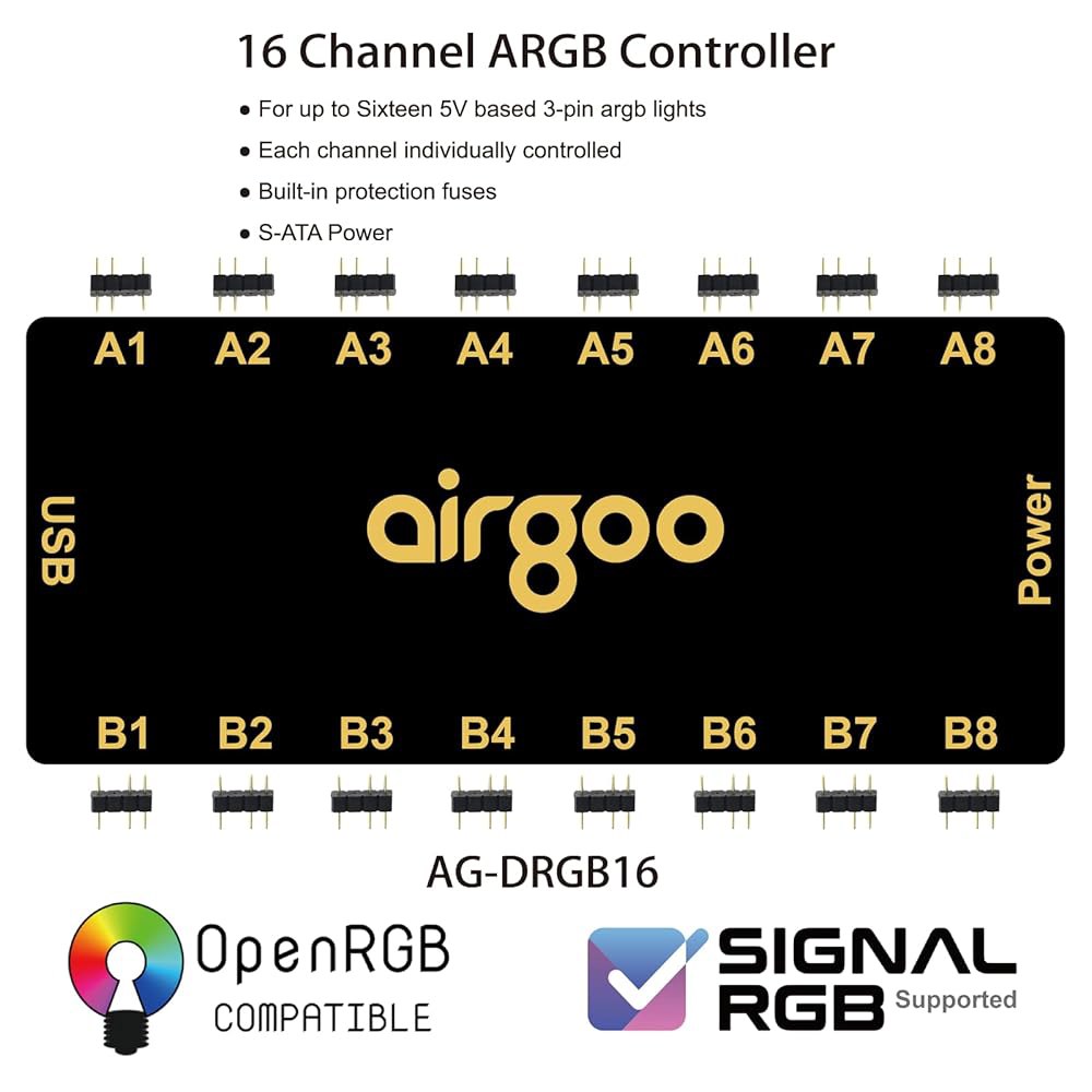 Airgoo 마그네틱 16포트 신호 RGB 컨트롤러, 중간 및 풀 타워 케이스용 SATA 전원 ARGB 컨트롤러 PC 조명 허브, SignalRGB OpenRGB와 호환, AG-D - 상세 이미지 2