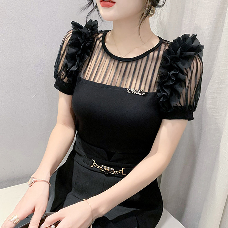 라인댄스상의 반팔 티셔츠 라틴 재즈 스포츠댄스 여성 댄스복 시스루 플라워포인트 - 상품 이미지
