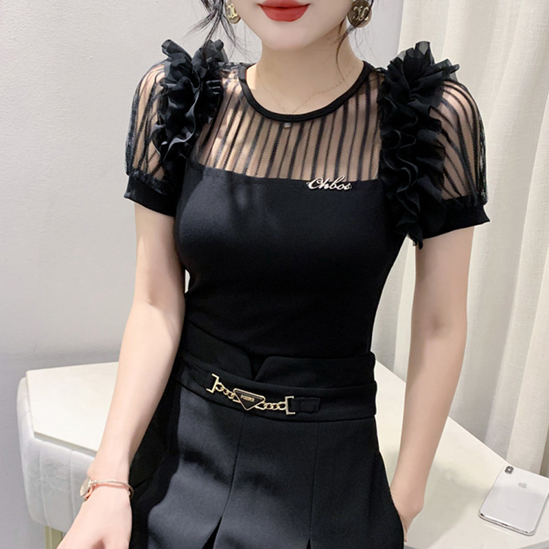 라인댄스상의 반팔 티셔츠 라틴 재즈 스포츠댄스 여성 댄스복 시스루 플라워포인트 - 상세 이미지 3