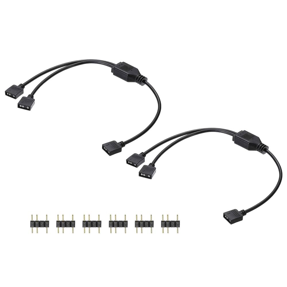 MECCANIXITY 2pcs ARGB 스플리터 케이블, 5V 12인치 3핀 1~2핀 암수 어댑터 PC 컴퓨터 팬/LED 조명용 커넥터 포함, 검정 1 to 2 - 상품 이미지