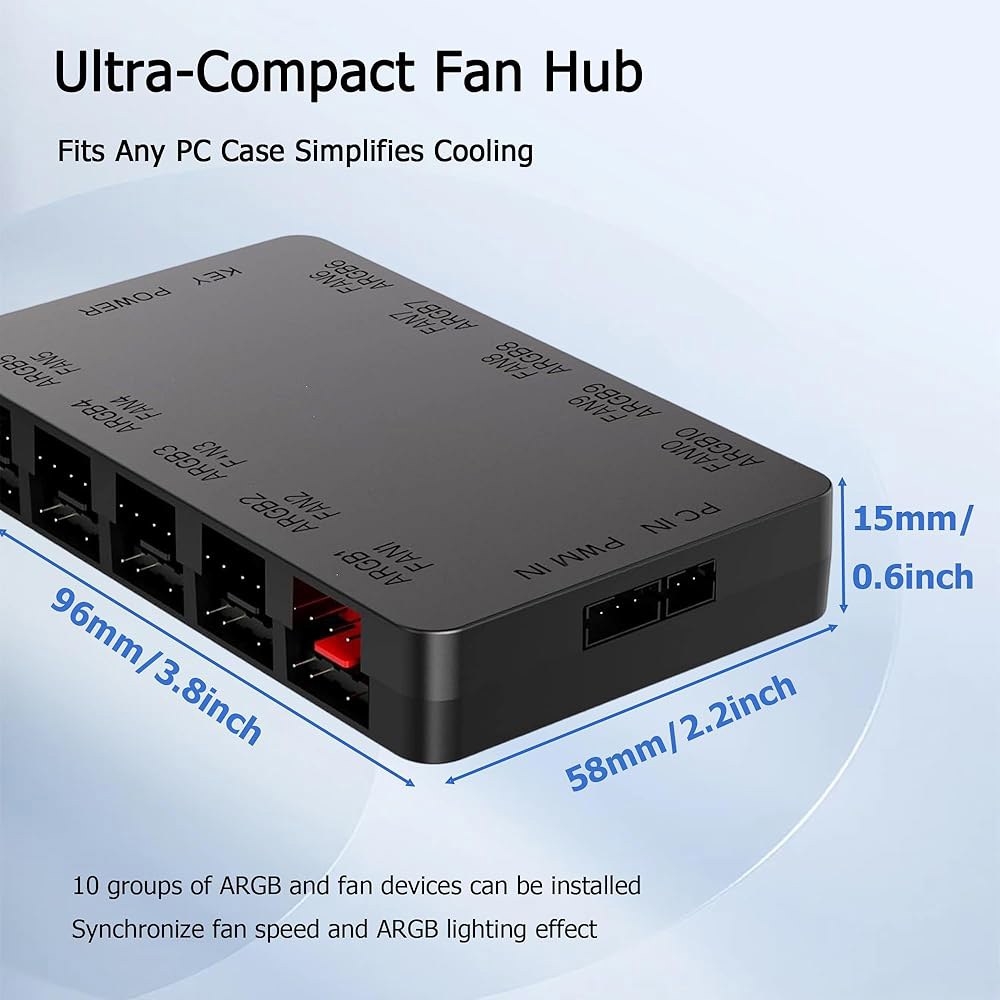FUSIONWIS PC 팬 컨트롤러 10포트 ARGB 허브, 리모컨 커세어 포함 5V / 3PIN RGB PWM 케이스 냉각 및 주소 지정 가능한 조명 동기화를 위한 섀시 키 제어 - 상세 이미지 2