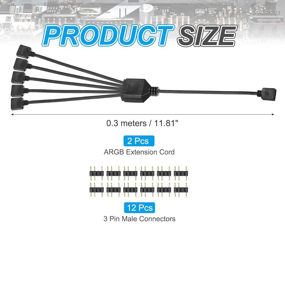 MECCANIXITY 2pcs ARGB 스플리터 케이블, 5V 12인치 3핀 1~5핀 암수 어댑터 PC 컴퓨터 팬/LED 조명용 커넥터 포함, 검정 1 to 2 - 상세 이미지 2