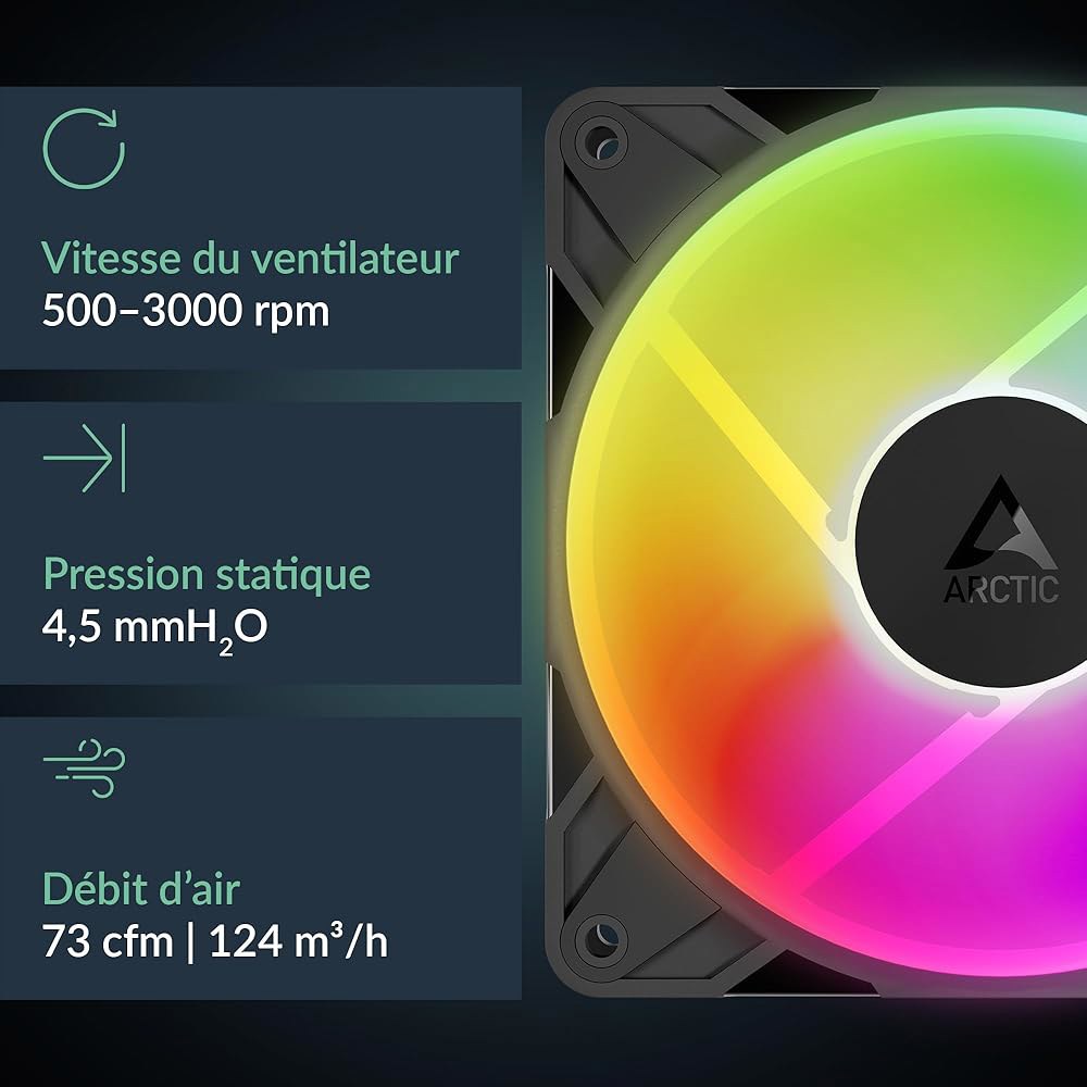 ARCTIC P12 Pro 리버스 A-RGB u2013 3팩 120mm 프리미엄 팬, 공기 흐름, PWM 팬(Y 케이블 스플리터 포함), 500-3000 RPM, 0 RPM 5 - 상세 이미지 2
