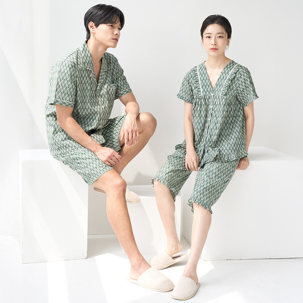오리엔탈 커플 여름 반팔 순면 아사면 잠옷 파자마 홈웨어 세트 - 상세 이미지 3