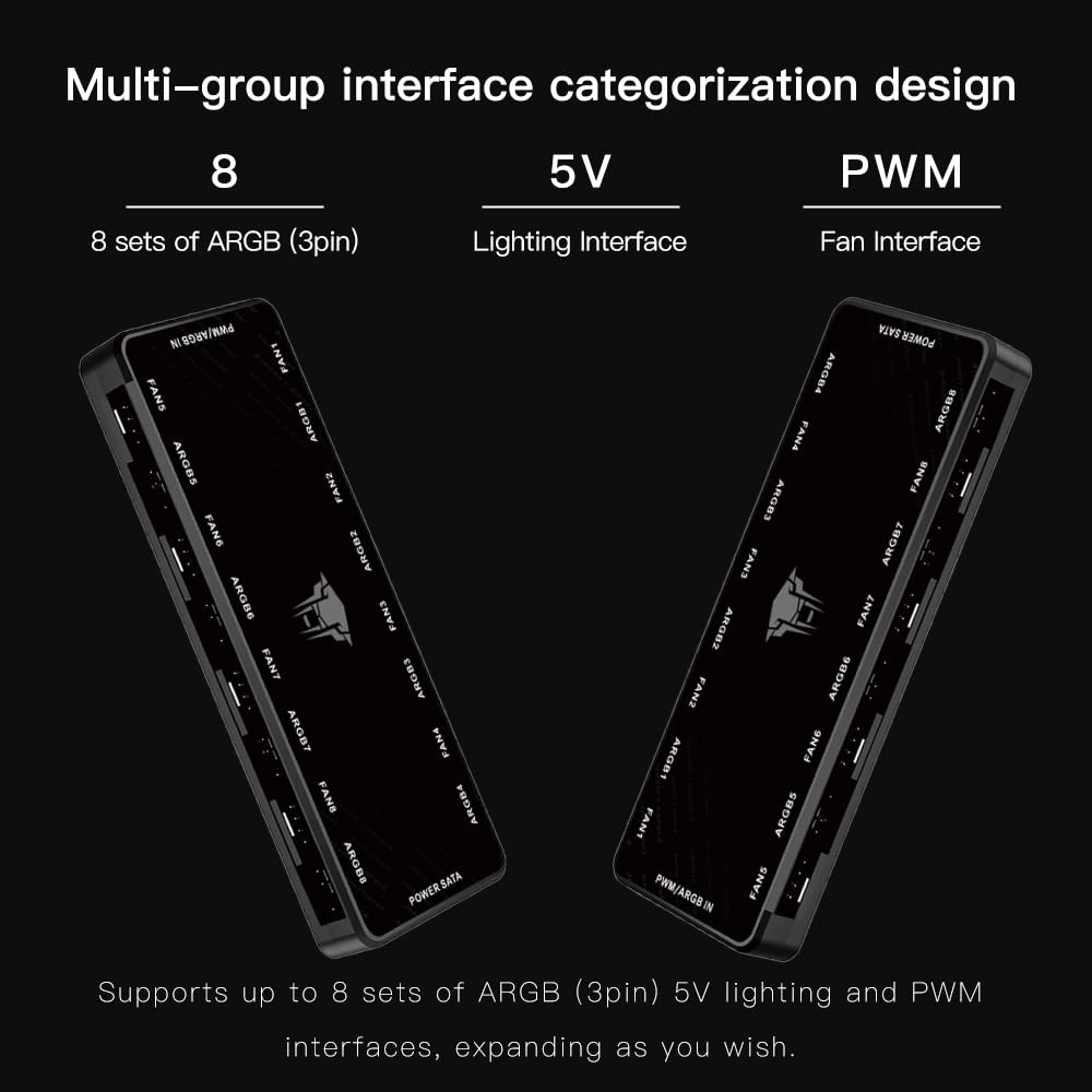 정글 레오파드 ARGB 및 PWM 팬 허브, 주소 지정 가능한 RGB 조명용 포트 8개, 1~8개의 다중 방향 마그네틱 백플레인 스플리터 5V / 3PIN 케이스 허브 어댑터 블랙 - 상세 이미지 2