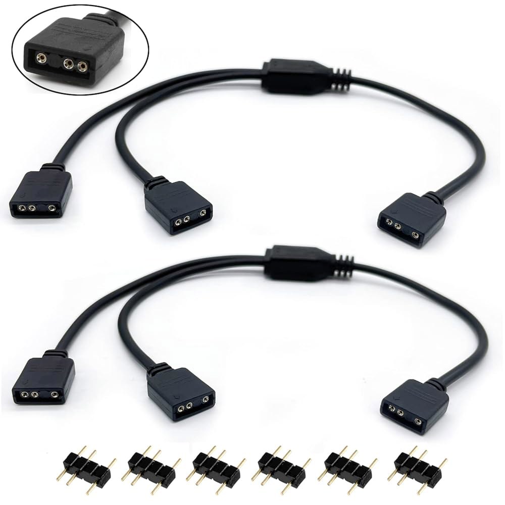Jstincal ARGB 스플리터 케이블, 1대 2 암수 5V 3 핀 주소 지정 가능 RGB 확장 케이블 LED 동기화 PC 컴퓨터 팬 또는 시리즈(2팩)용 1-to-2 - 상품 이미지