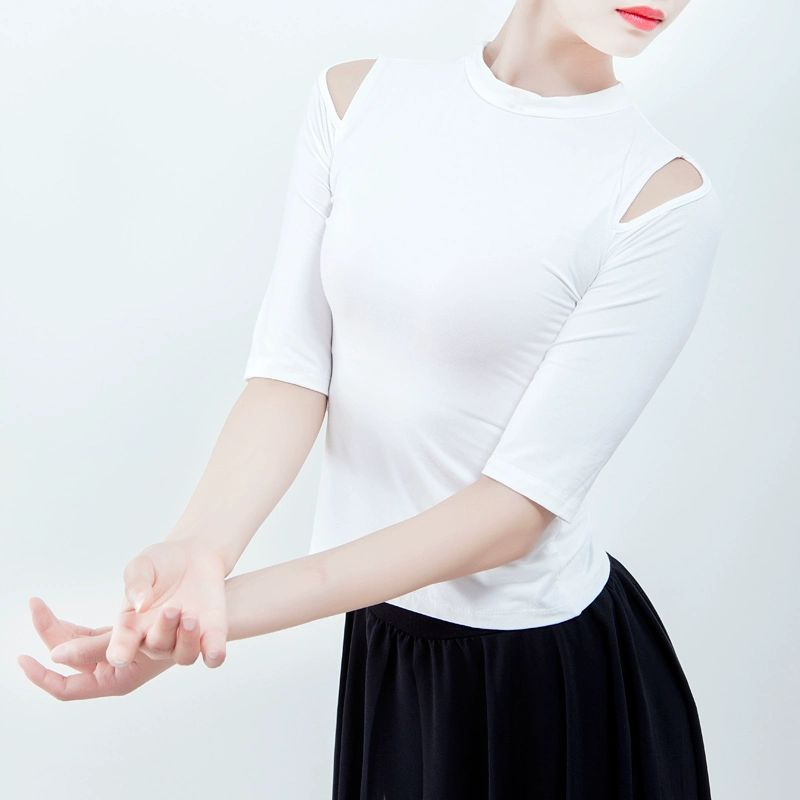 체글레드 성인용 어깨 의상 댄스스포츠 라인댄스 발레 절개 반팔 발레복 반팔 블랙 S - 상세 이미지 3