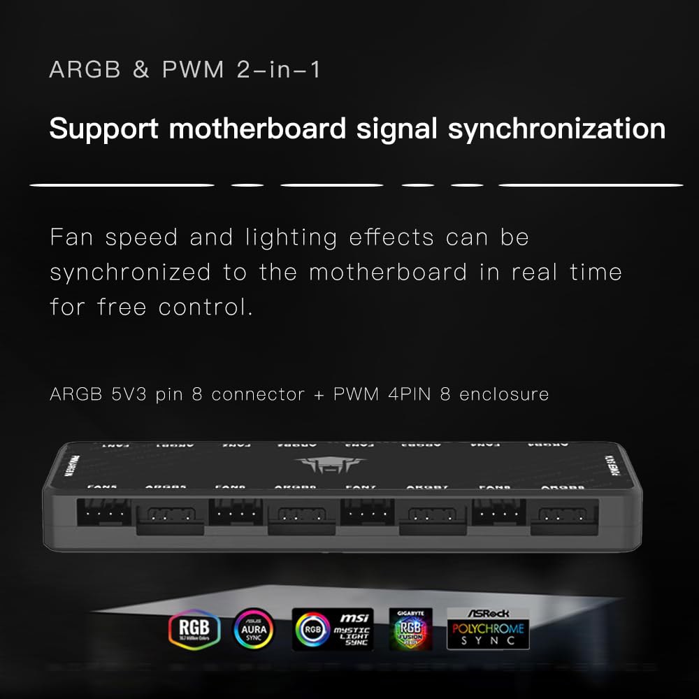 정글 레오파드 ARGB 및 PWM 팬 허브, 주소 지정 가능한 RGB 조명용 포트 8개, 1~8개의 다중 방향 마그네틱 백플레인 스플리터 5V / 3PIN 케이스 허브 어댑터 블랙 - 상세 이미지 3