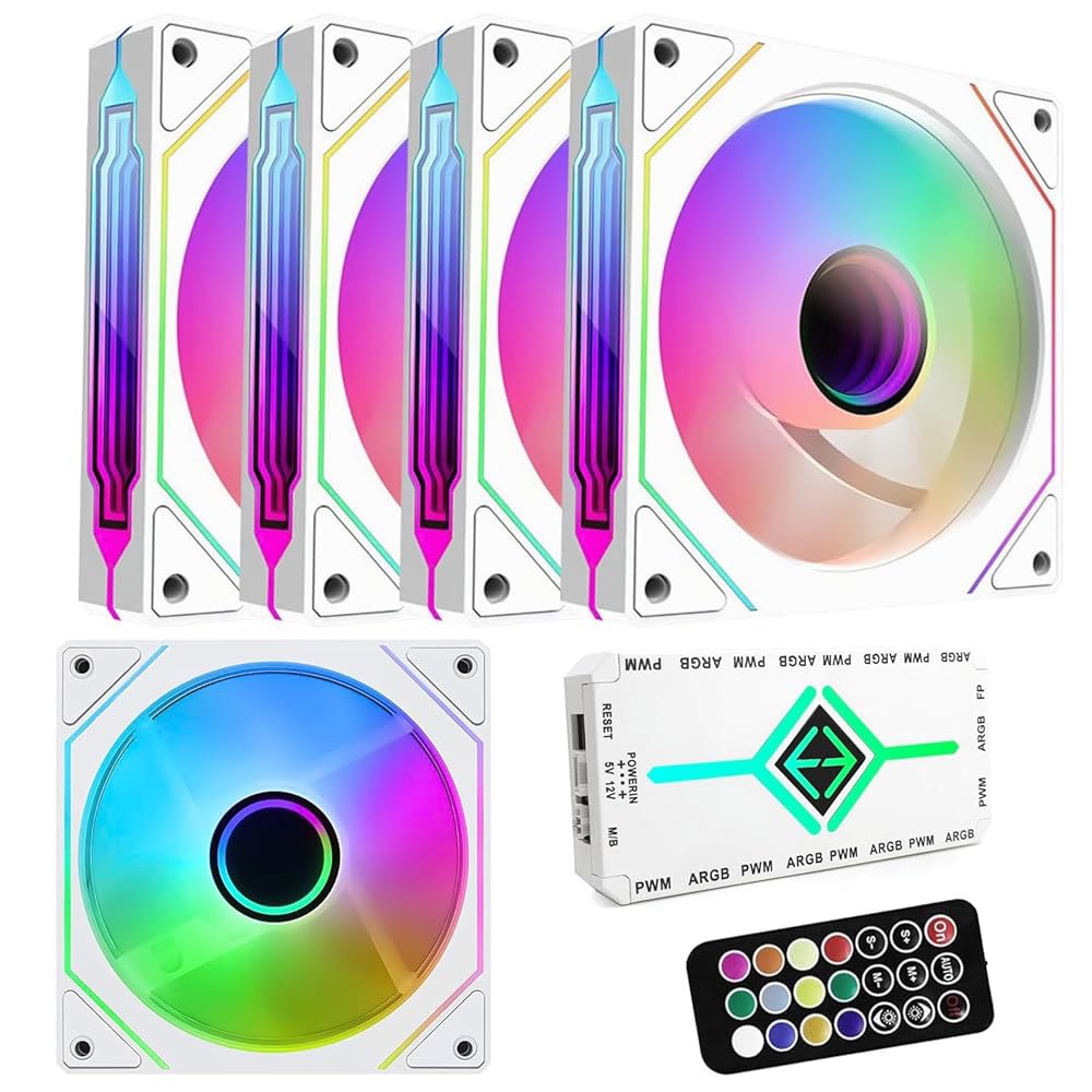 RGB 팬 5팩 120mm PWM ARGB 케이스 팬(팬 허브 및 리모컨 포함), 속도 제어, 컴퓨터 액체 냉각 시스템용 제어 팬, 흰색 - 상품 이미지