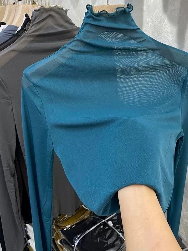 시스루 폴라티 여성 목폴라 망사 레이스 터틀넥 봄 가을 긴팔 피콕블루 L 50~54.5kg - 상품 이미지
