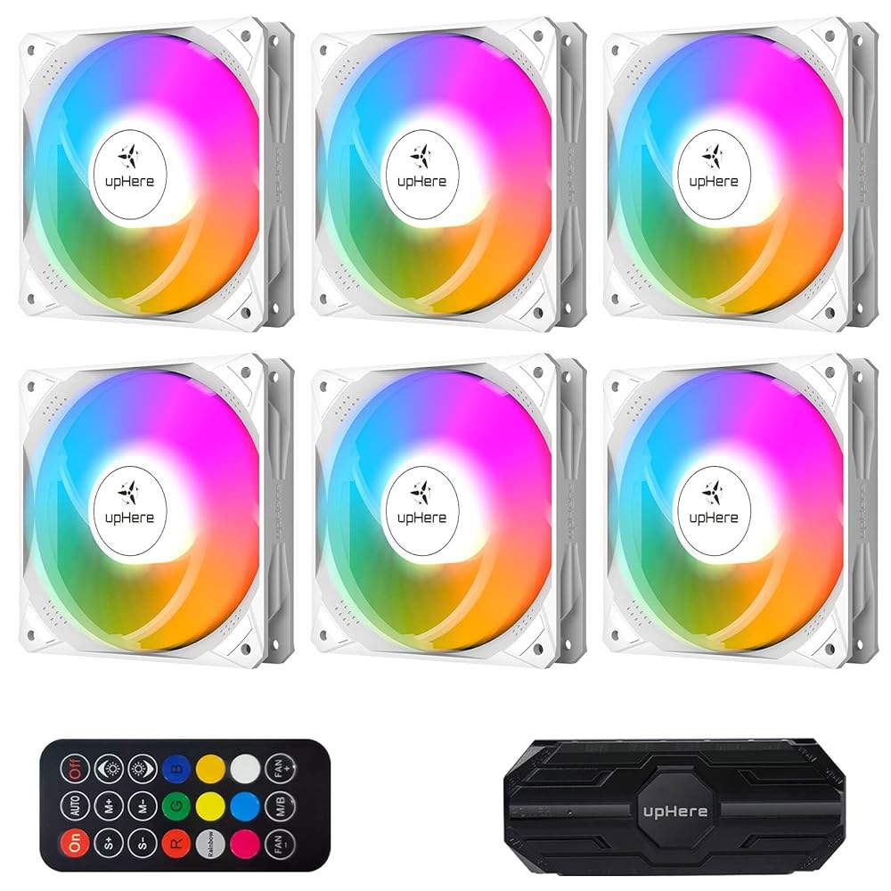 여기 120mm 흰색 컴퓨터 케이스 팬, 마더보드 동기화 고속 공기 흐름, 속도 조절 가능, 허브 및 리모컨이 있는 ARGB 저소음 유압 베어링 장수명 최대 40,000시간-6팩, - 상품 이미지