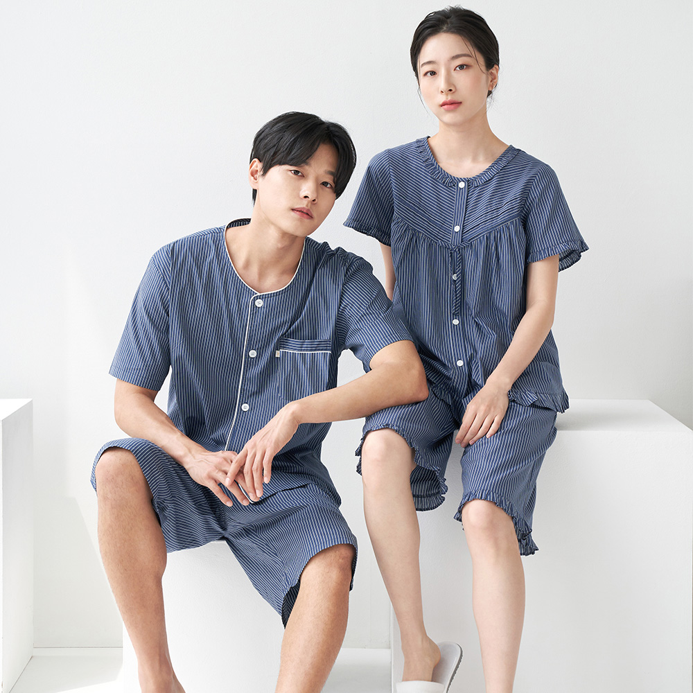 네이비ST 커플 여름 반팔 순면 아사면 잠옷 파자마 홈웨어 세트 - 상품 이미지