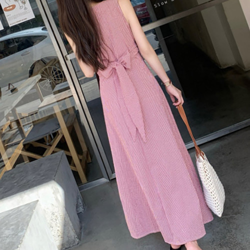원피스 민소매 롱 드레스 체크 브이넥 랩 스타일 원피스 사랑스러운 휴양지룩 여름 데일리룩 - 상세 이미지 3