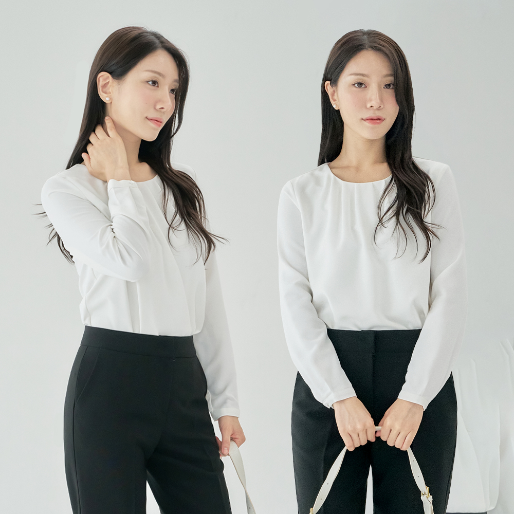 면접블라우스 라운드넥 정장 이너 화이트 블라우스 흰색 흰 쉬폰 셔링 여성블라우스 여름 상품 이미지