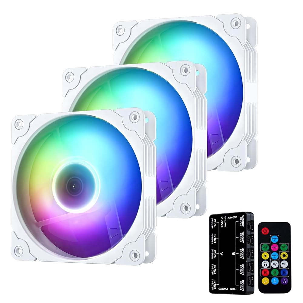 베트루 3팩 컴퓨터 케이스 팬 120mm 주소 RGB 및 PWM 냉각 팬, 컨트롤러 허브 포함 고성능 - 흰색 120mm-FDB Black 3 - 상품 이미지