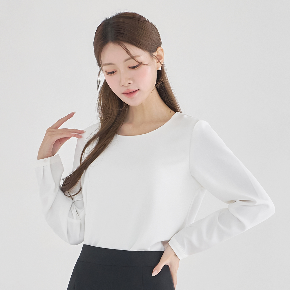 면접블라우스 라운드넥 정장 이너 화이트 블라우스 흰색 흰 쉬폰 셔링 여성블라우스 여름 상품 이미지