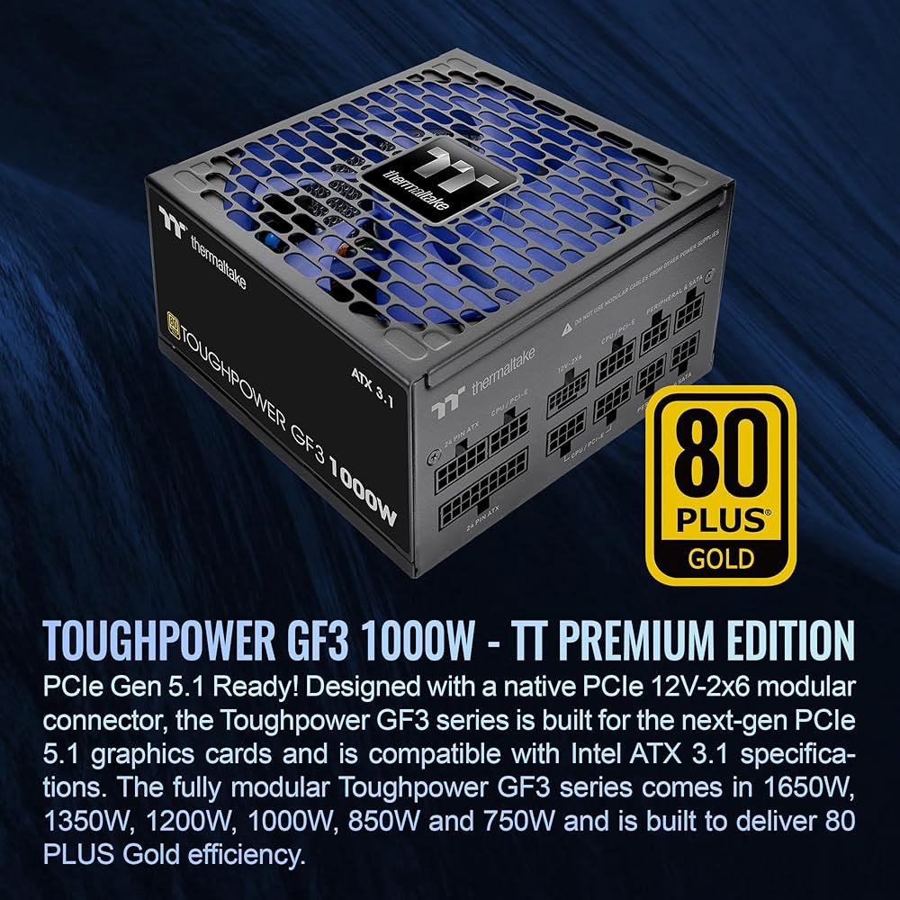 써멀테이크 터프파워 GF3 1000W, ATX 3.1, 네이티브 PCIe 5.1 12V-2x6, 플랫 케이블, 색상 일치 커넥터, 일본 메인 커패시터, 135mm 팬, 80개 이상 - 상세 이미지 2