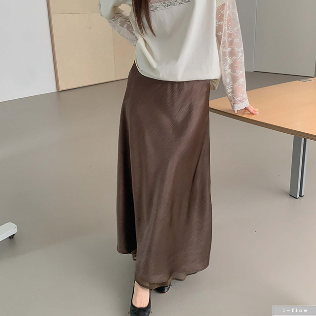 데이빈 쉬폰 새틴 레이어드 밴딩 스커트 3col 봄 여름 플레어 광택 이중 롱 제이플로우 - 상세 이미지 2