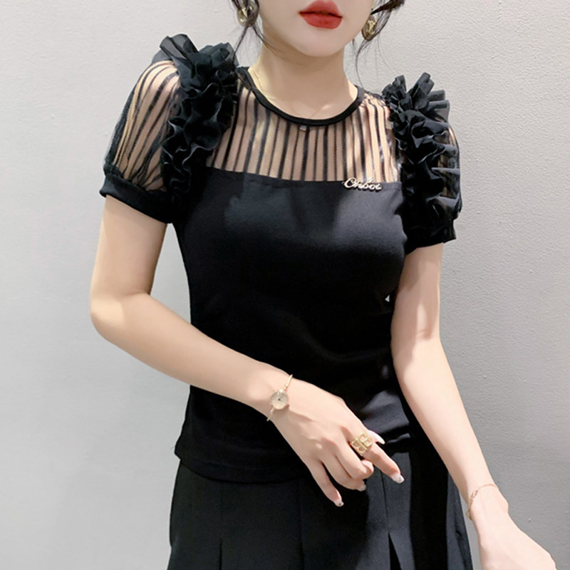 라인댄스상의 반팔 티셔츠 라틴 재즈 스포츠댄스 여성 댄스복 시스루 플라워포인트 - 상세 이미지 4
