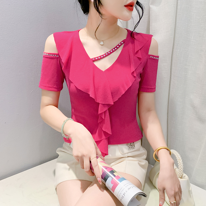 라인 댄스복 성인 방송 라틴 댄스옷 댄스상의 스포츠 사교 반팔 장미레드 M - 상품 이미지