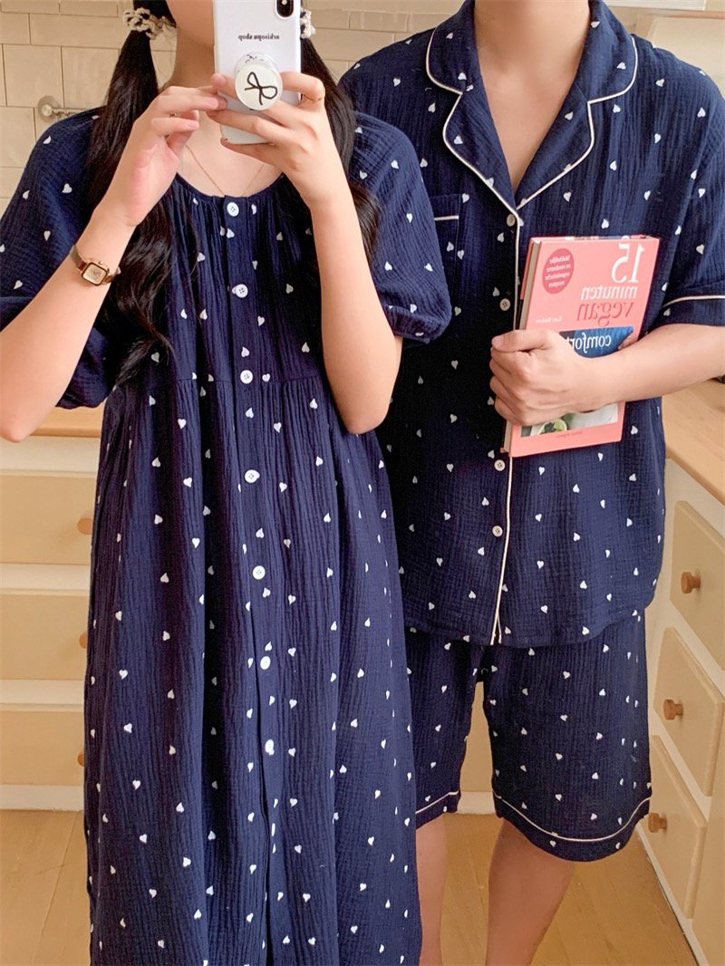 하트 요루면 반팔 커플잠옷 반바지 빅사이즈 임산부 수유 파자마 홈웨어 여름 - 상세 이미지 3