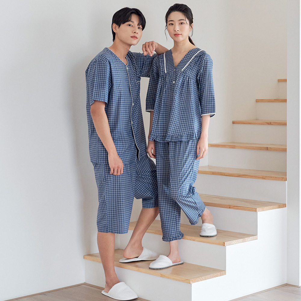 페인체크 순면 빅사이즈 커플 잠옷 파자마 세트 이미지 4