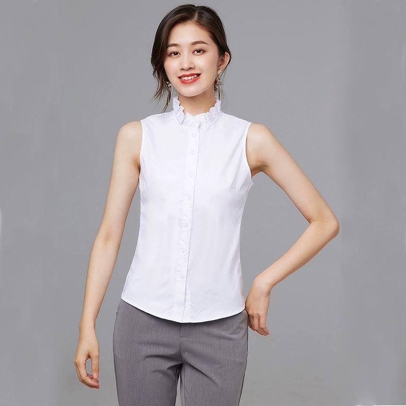 여름시즌 민소매 화이트블라우스 셔츠 둥근카라 뾰족카라 프릴 칼라 S - 상세 이미지 4