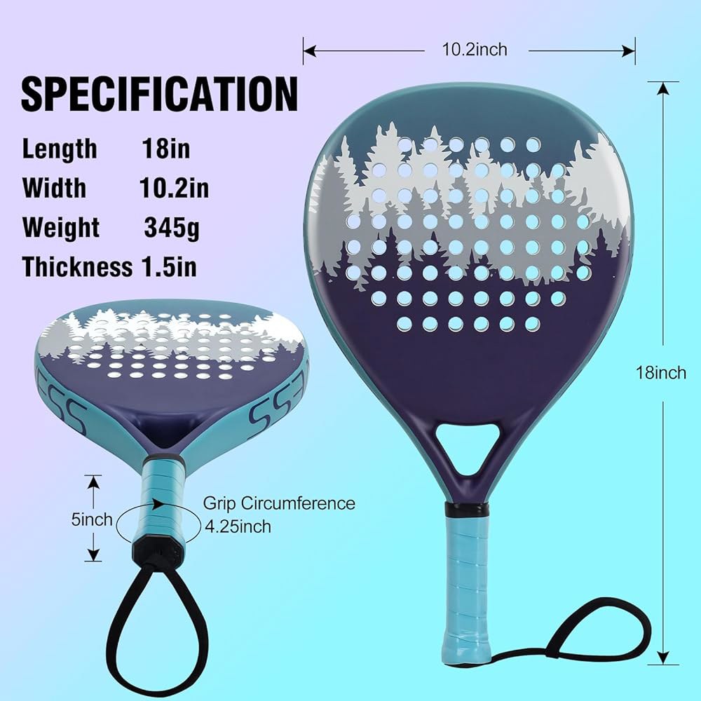 GEAVESS Padel 라켓, EVA 메모리 플렉스 코어가 성인 초보자 블루 스위트 표면, 경량 탄소 폼 드 팔라 청소년을 흡수 섬유 있는 위한 파델, 대형 충격 스팟, 중급자, - 상세 이미지 2