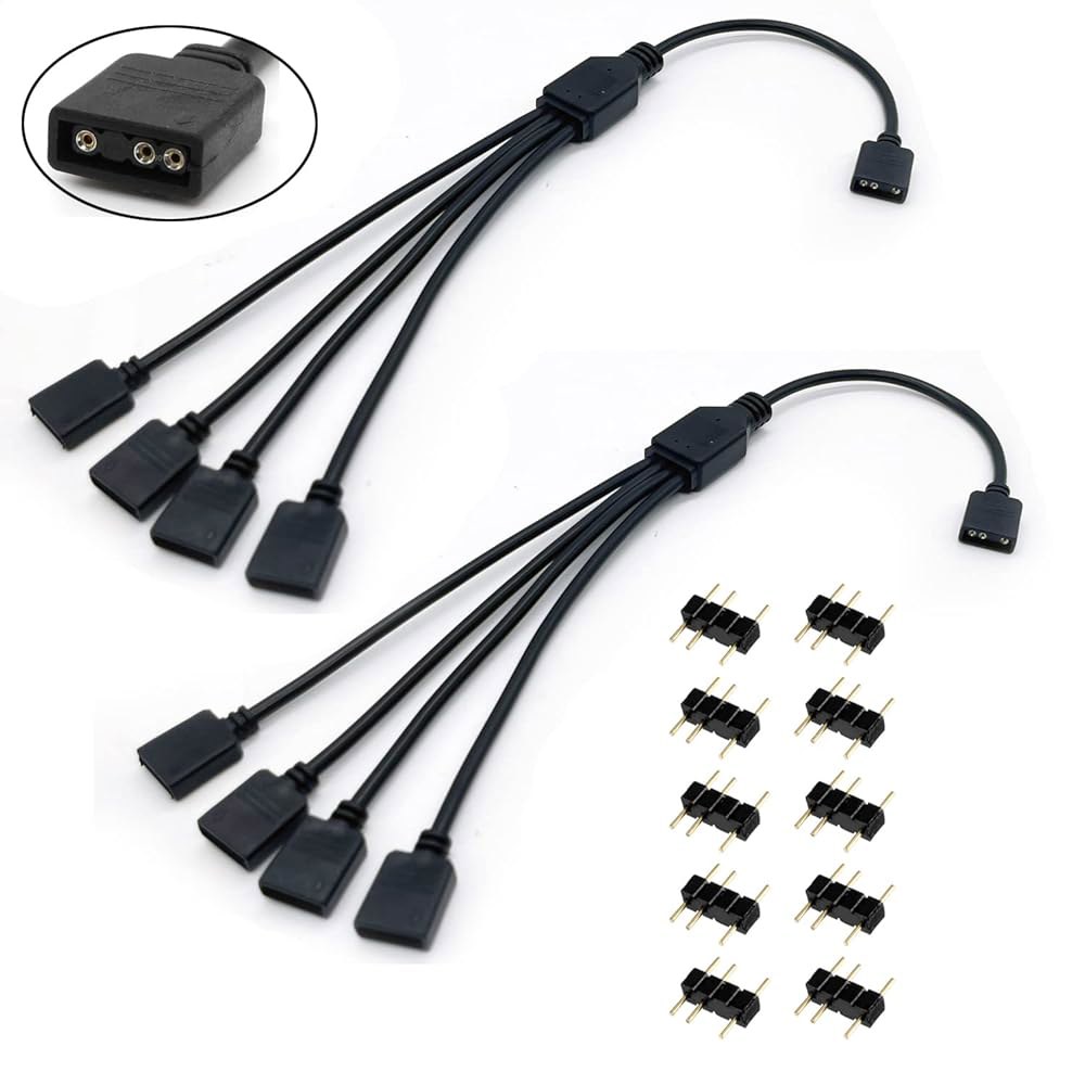 Jstincal ARGB 스플리터 케이블, 1대 4 암수 5V 3핀 주소 지정 가능 RGB 확장 컴퓨터 섀시 CPU 쿨러 및 팬용 LED 동기화 케이블(2팩) 1-to-2 - 상세 이미지 2