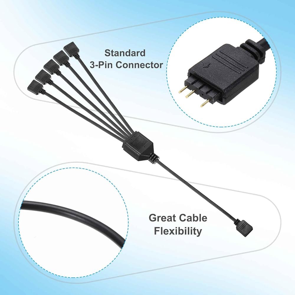 MECCANIXITY 2pcs ARGB 스플리터 케이블, 5V 12인치 3핀 1~5핀 암수 어댑터 PC 컴퓨터 팬/LED 조명용 커넥터 포함, 검정 1 to 2 - 상세 이미지 3