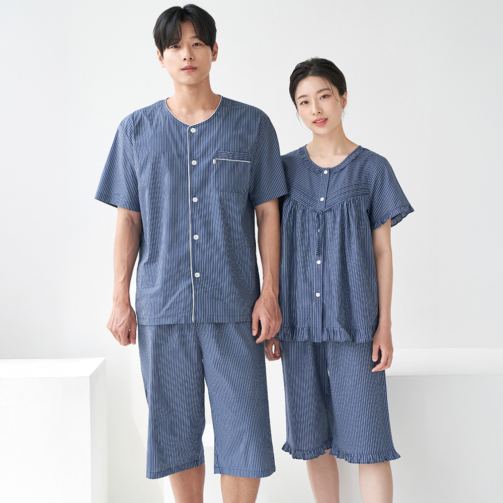 네이비ST 커플 여름 반팔 순면 아사면 잠옷 파자마 홈웨어 세트 - 상세 이미지 3