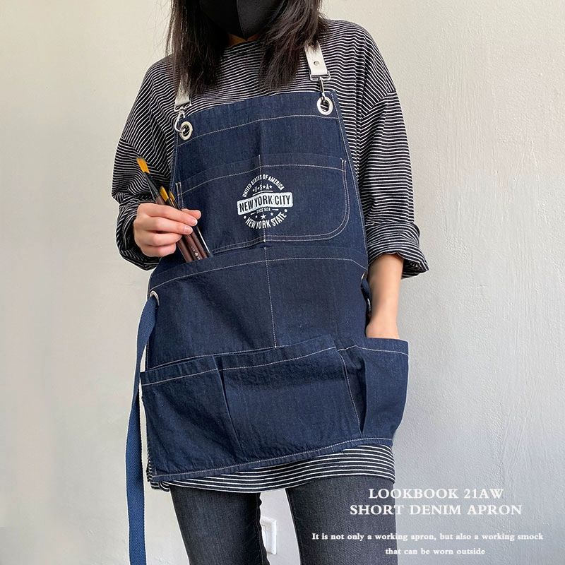 데님 짧은 앞치마 공방 레스토랑 목공 미용실 작업복 요리사 미술 카페 블루데님홀터스타일-쇼트 - 상세 이미지 2