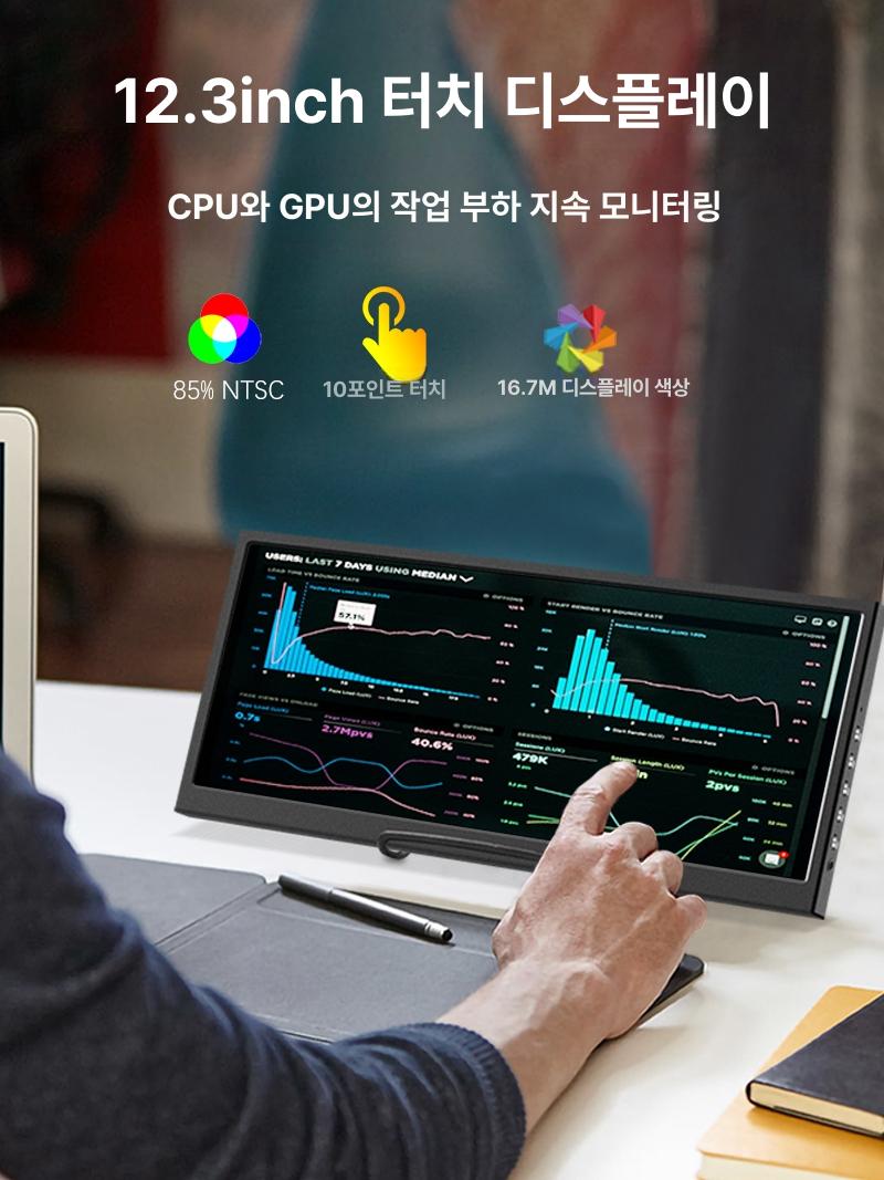 미니 보조모니터 터치 포터블 듀얼 미러링 디스플레이 8.8인치 1920x480 터치 블랙 - 상세 이미지 2