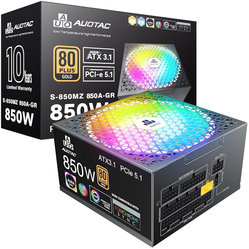 Auotac 850W 풀 모듈식 전원 공급 장치, 80개 이상의 골드 인증 PSU, ATX 3.1 및 PCIe 5.1 준비 완료, 12V-2x6 네이티브 커넥터, 140mm RGB - 상품 이미지