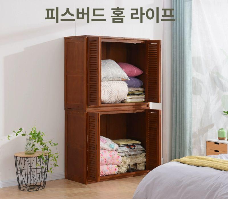 우드 나무 이불 옷장 캐비닛 침구류 보관 정리 수납장 100x60x90 내추럴 우드 루버 4개 문 조립 완료 - 상세 이미지 2