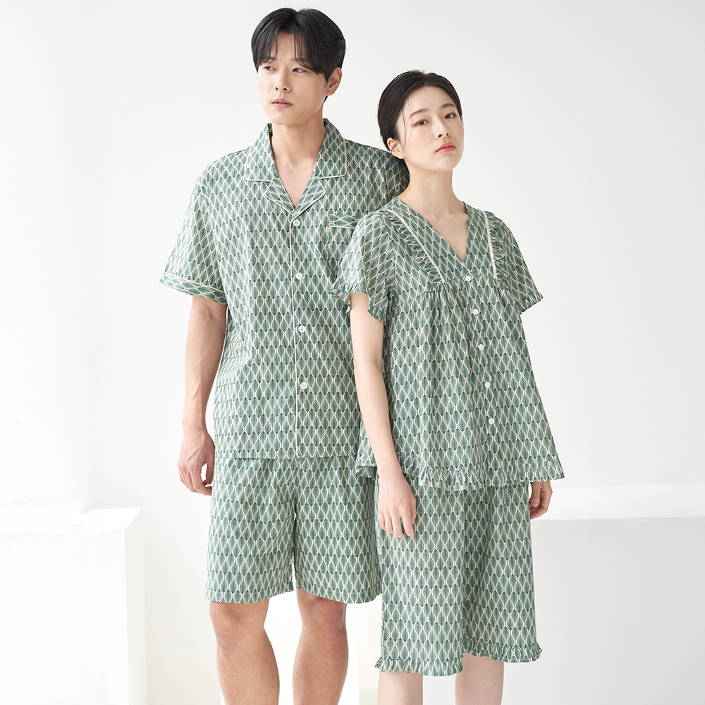 오리엔탈 커플 여름 반팔 순면 아사면 잠옷 파자마 홈웨어 세트 - 상세 이미지 4
