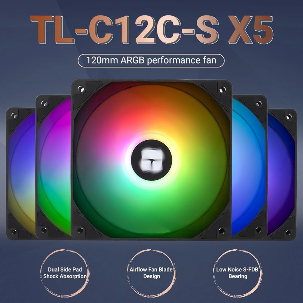 Thermalright 5팩 TL-C12C-S CPU 팬 120mm ARGB 케이스 쿨러 팬, 4핀 PWM 사일런트 컴퓨터 S-FDB 베어링 포함, 최대 1550RPM 냉각 5 - 상세 이미지 2