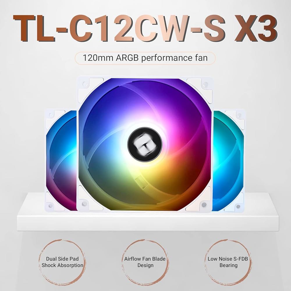 Thermalright TL-C12CW-S X3 CPU 팬 120mm 흰색 ARGB 케이스 쿨러, S-FDB 베어링이 포함된 4핀 PWM 사일런트 컴퓨터 냉각 팬, 최대 1550R - 상세 이미지 2