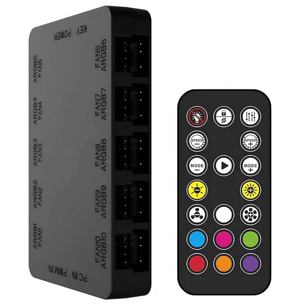 FUSIONWIS PC 팬 컨트롤러 10포트 ARGB 허브, 리모컨 커세어 포함 5V / 3PIN RGB PWM 케이스 냉각 및 주소 지정 가능한 조명 동기화를 위한 섀시 키 제어 - 상품 이미지