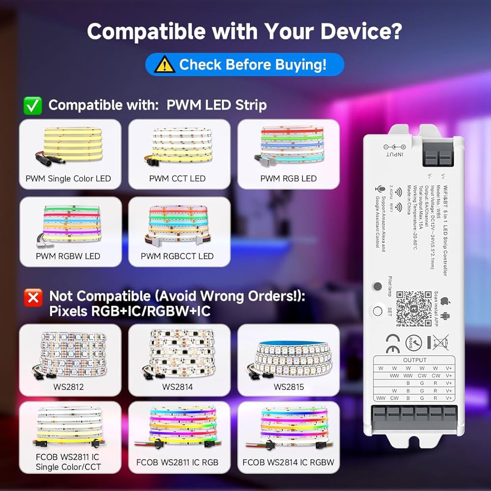 BTF-LIGHTING 5in1 WB5 2.4GHz Tuya WiFi PWM LED 컨트롤러, 알렉사 / 구글 홈 스마트 라이프 APP 제어와 호환되는 Dimming CCT RGB - 상세 이미지 2