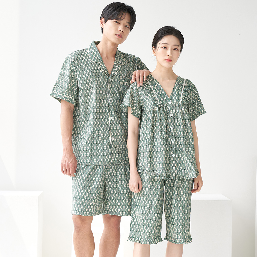 오리엔탈 커플 여름 반팔 순면 아사면 잠옷 파자마 홈웨어 세트 - 상품 이미지