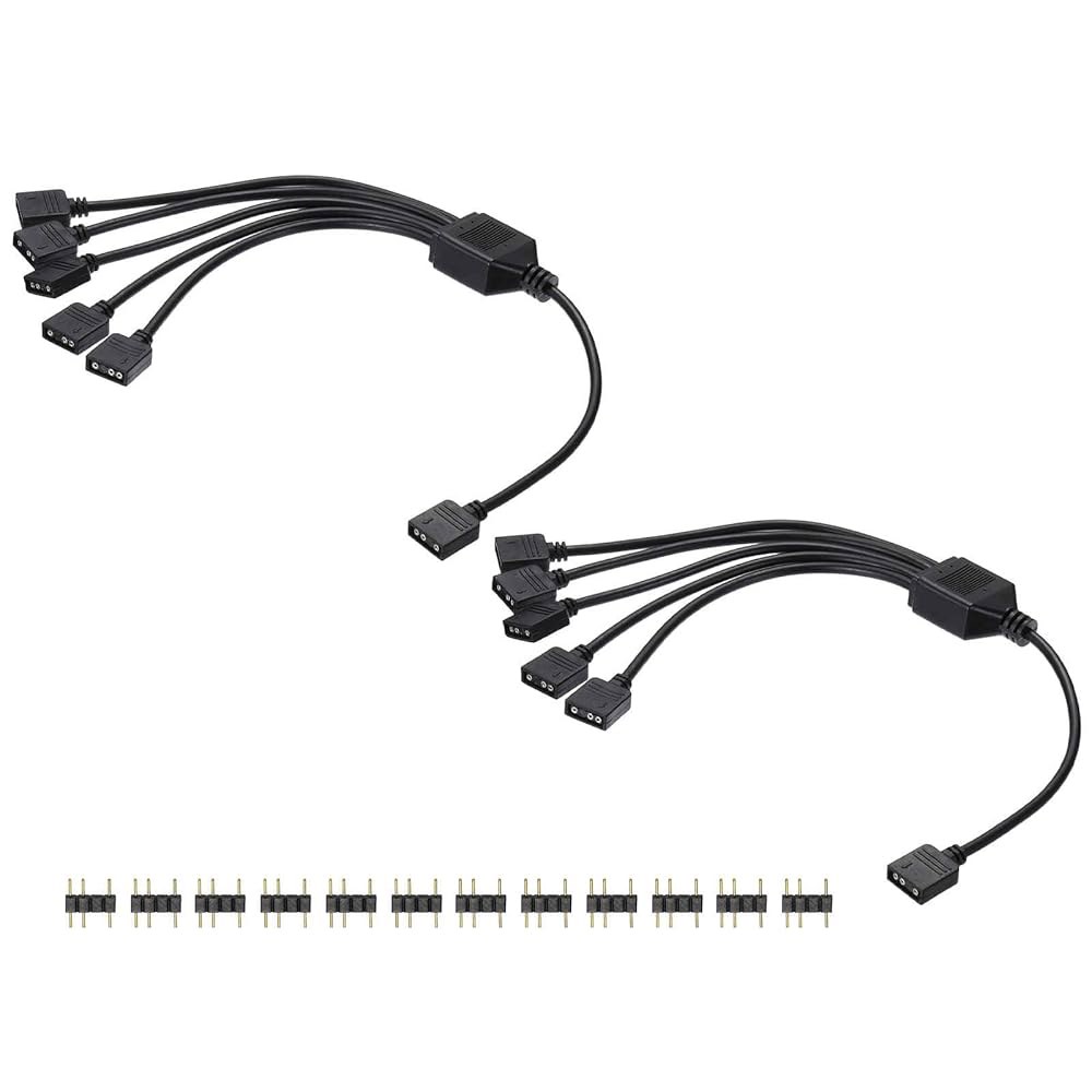 MECCANIXITY 2pcs ARGB 스플리터 케이블, 5V 12인치 3핀 1~5핀 암수 어댑터 PC 컴퓨터 팬/LED 조명용 커넥터 포함, 검정 1 to 2 - 상품 이미지