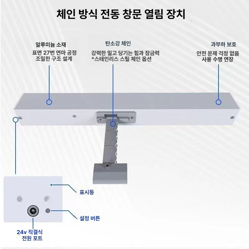 자동 창문개폐기 전동 개폐장치 여닫이 리모컨 환기창 원격 오프너 컨트롤 체인 롤러 알루미늄 - 상세 이미지 4