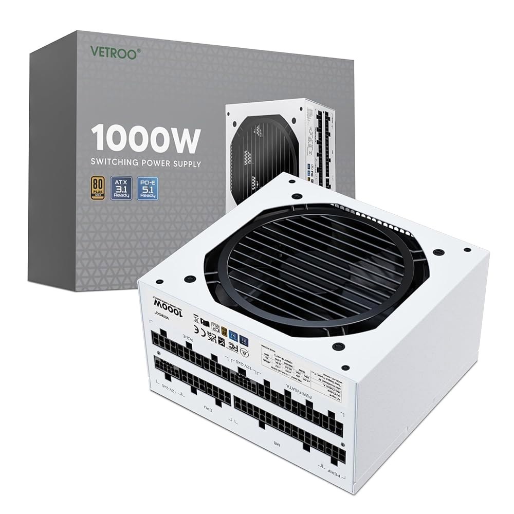 베트루 1000W 화이트 전원 공급 장치 ATX 3.1 레디 듀얼 PCIe 5.1, 80 플러스 골드 풀 모듈러, 120mm FDB 팬 포함 에코 모드, 컴팩트 사이즈, 게이밍 - 상품 이미지