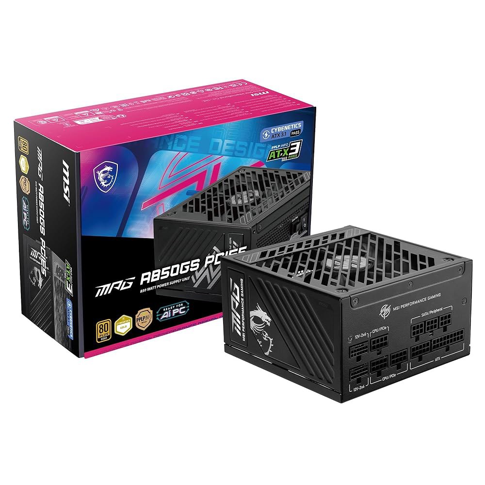MSI MPG A850GS PCIE5, 완전 모듈형 게이밍 850W 전원 공급 장치, 80+ 골드, 듀얼 12V-2x6 케이블, 서버급 커패시터, ATX 3.1 및 PCIe 5.1 - 상품 이미지