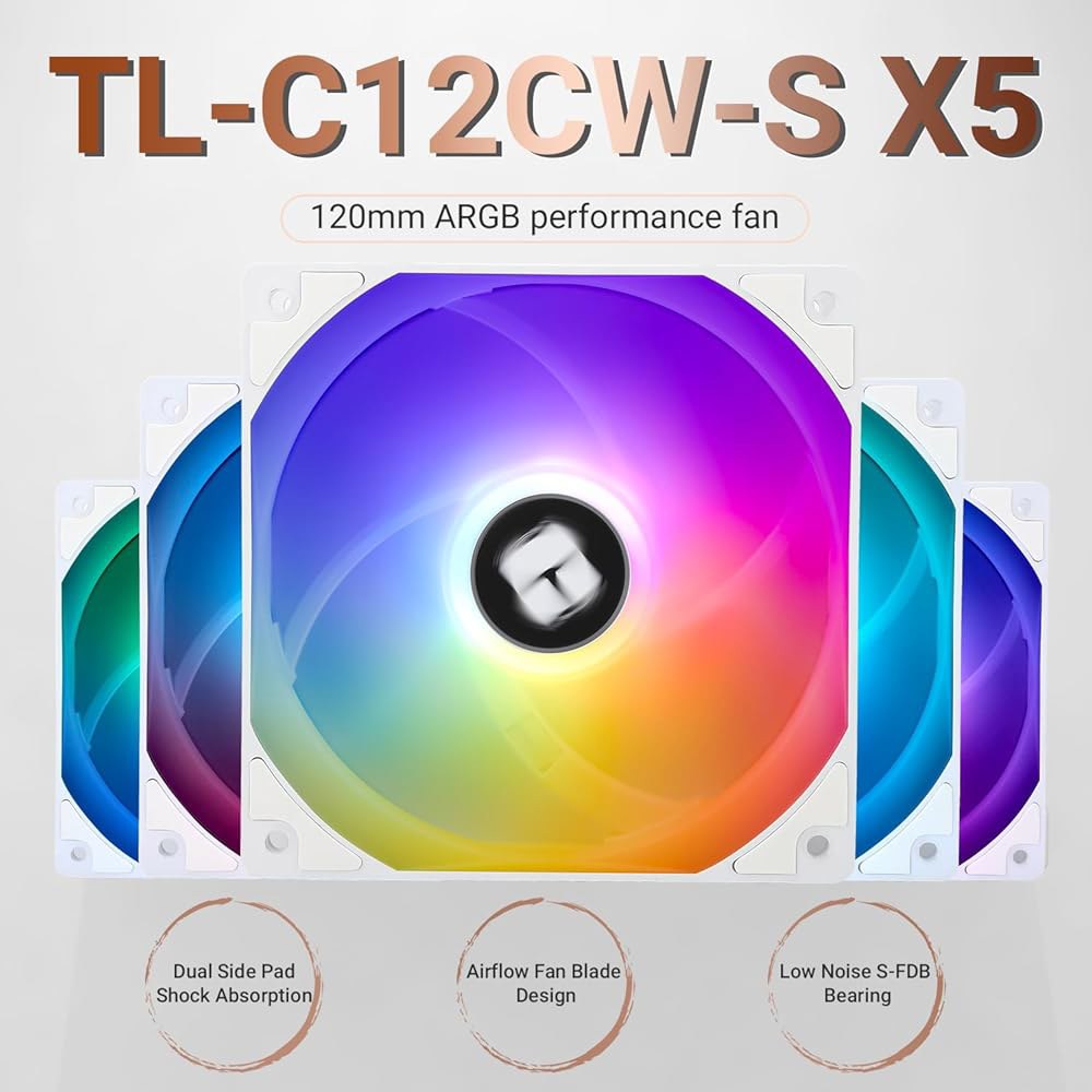 Thermalright 5팩 TL-C12CW-S CPU 팬 120mm 흰색 ARGB 케이스 쿨러 팬, S-FDB 베어링이 포함된 4핀 PWM 사일런트 컴퓨터 최대 1550RPM - 상세 이미지 3