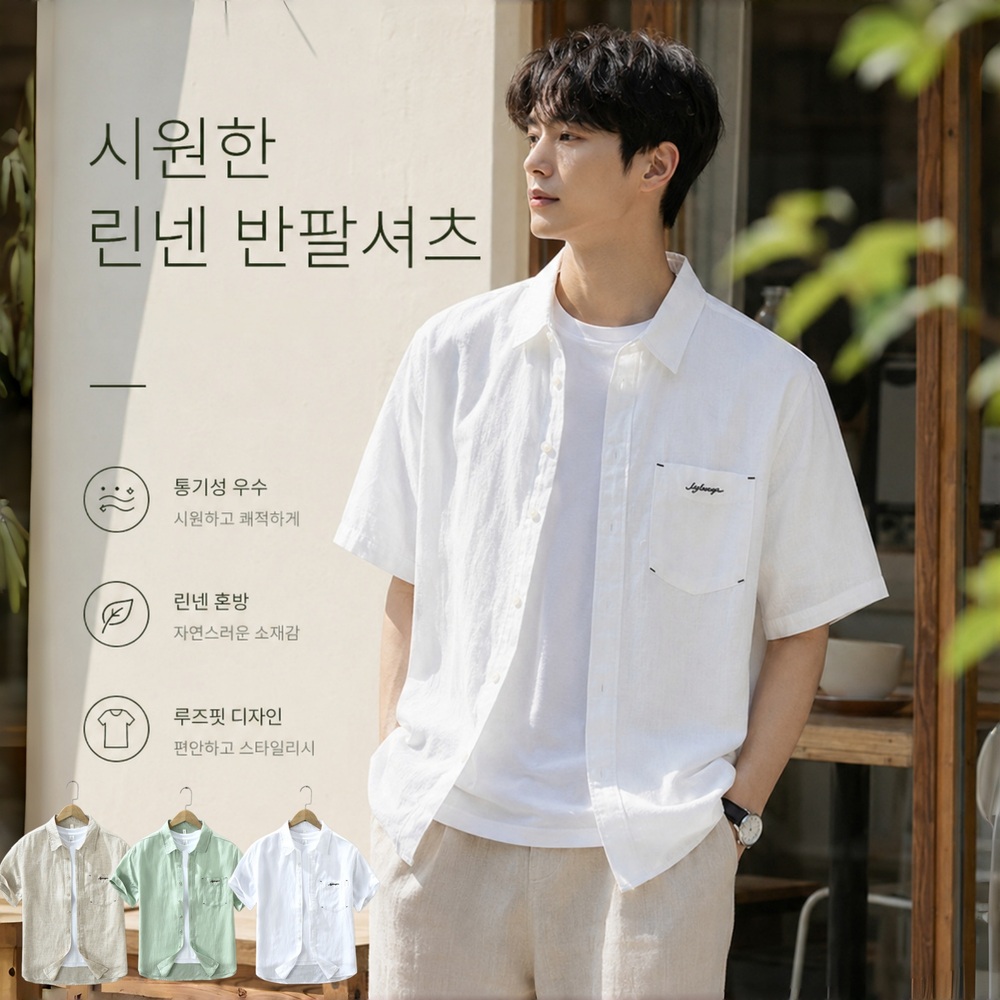 남성 여름 린넨 반팔셔츠 루즈핏 캐주얼 남방 - 상품 이미지